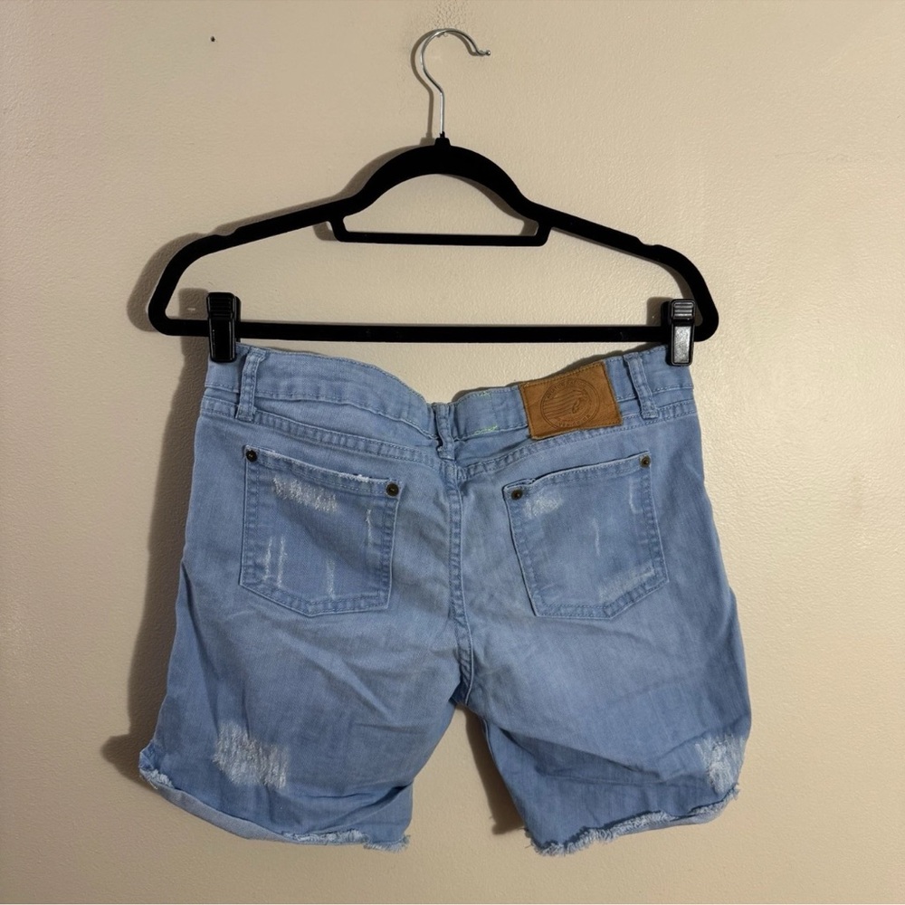 Aviator Nation cut off distressed light wash blue denim shorts